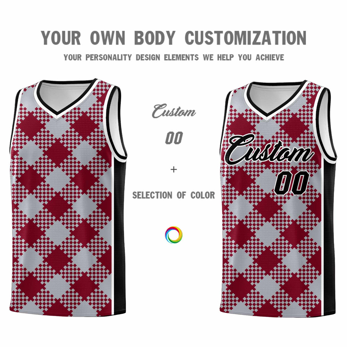 Personalized Gray Crimson-White Grid Basketball Kits