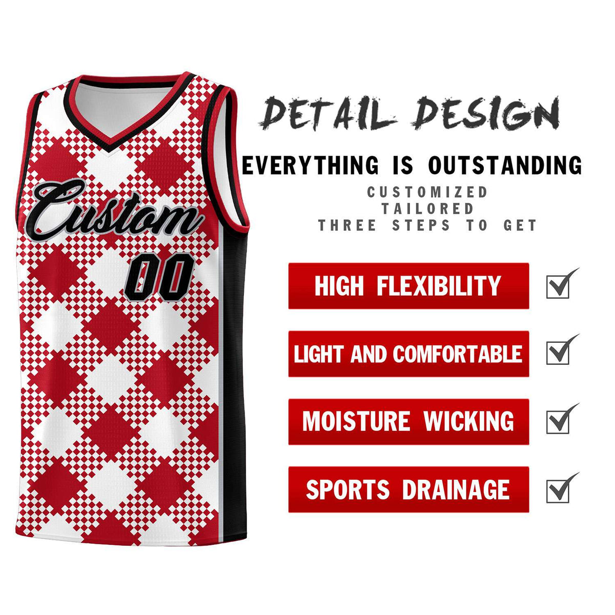 Personalized White Red-Gray Grid Basketball Kits