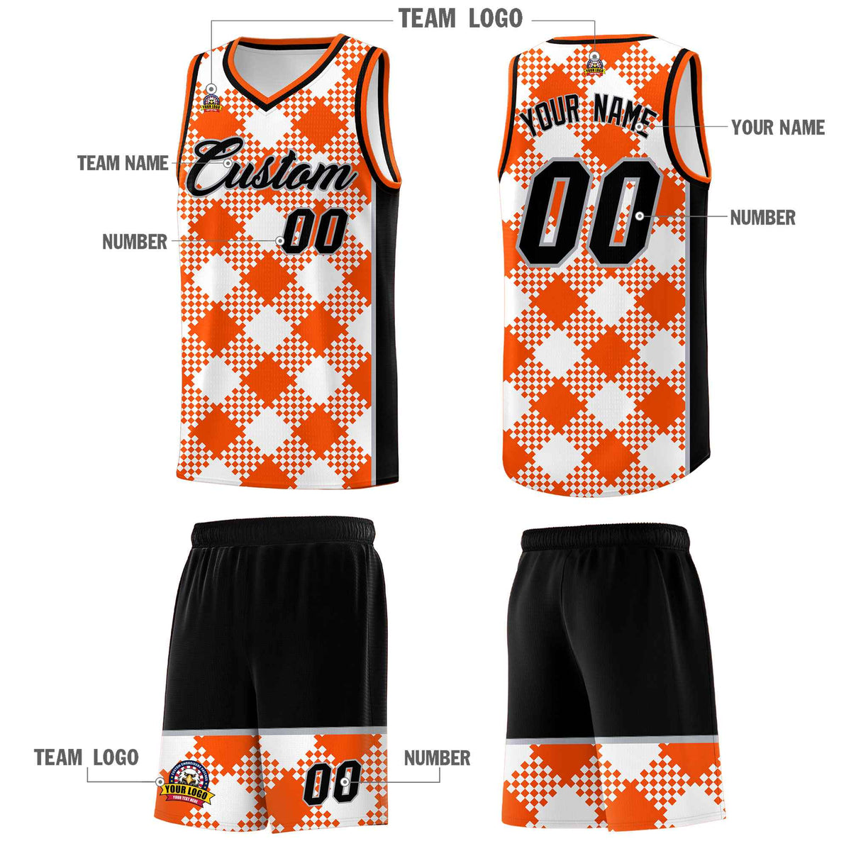 Personalized White Orange-Gray Grid Basketball Kits