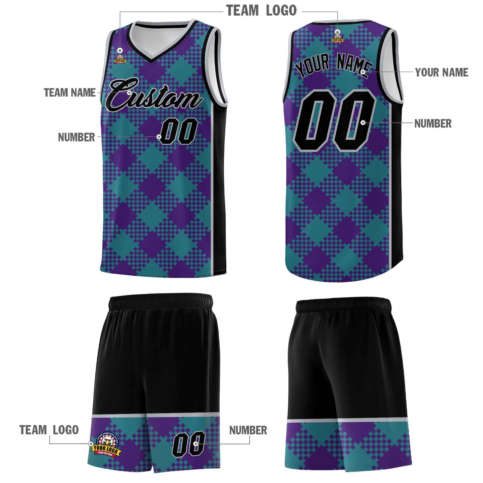 Personalized Purple Teal-Gray Grid Basketball Kits