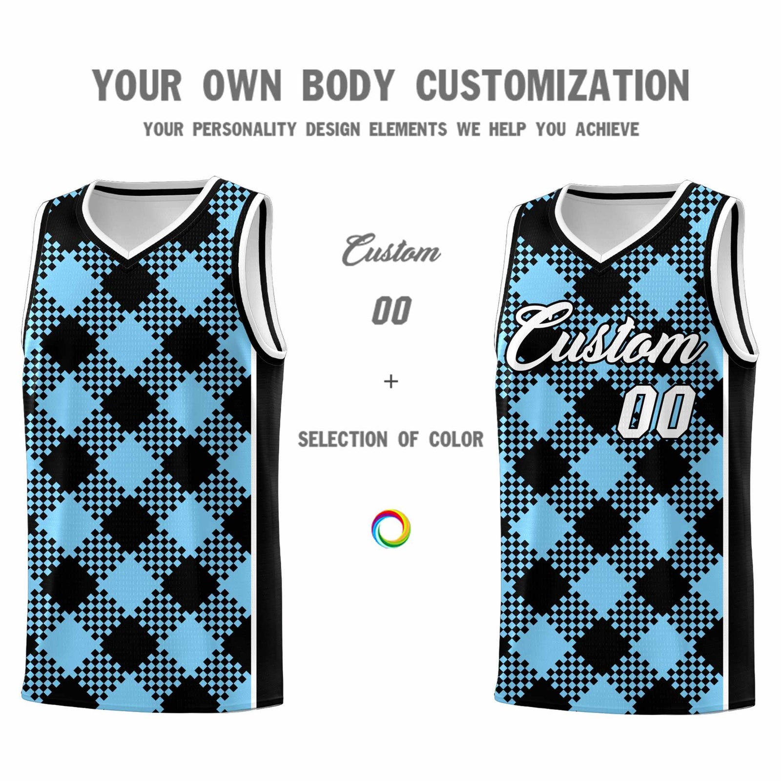 Personalized Light Blue White-Black Grid Basketball Kits