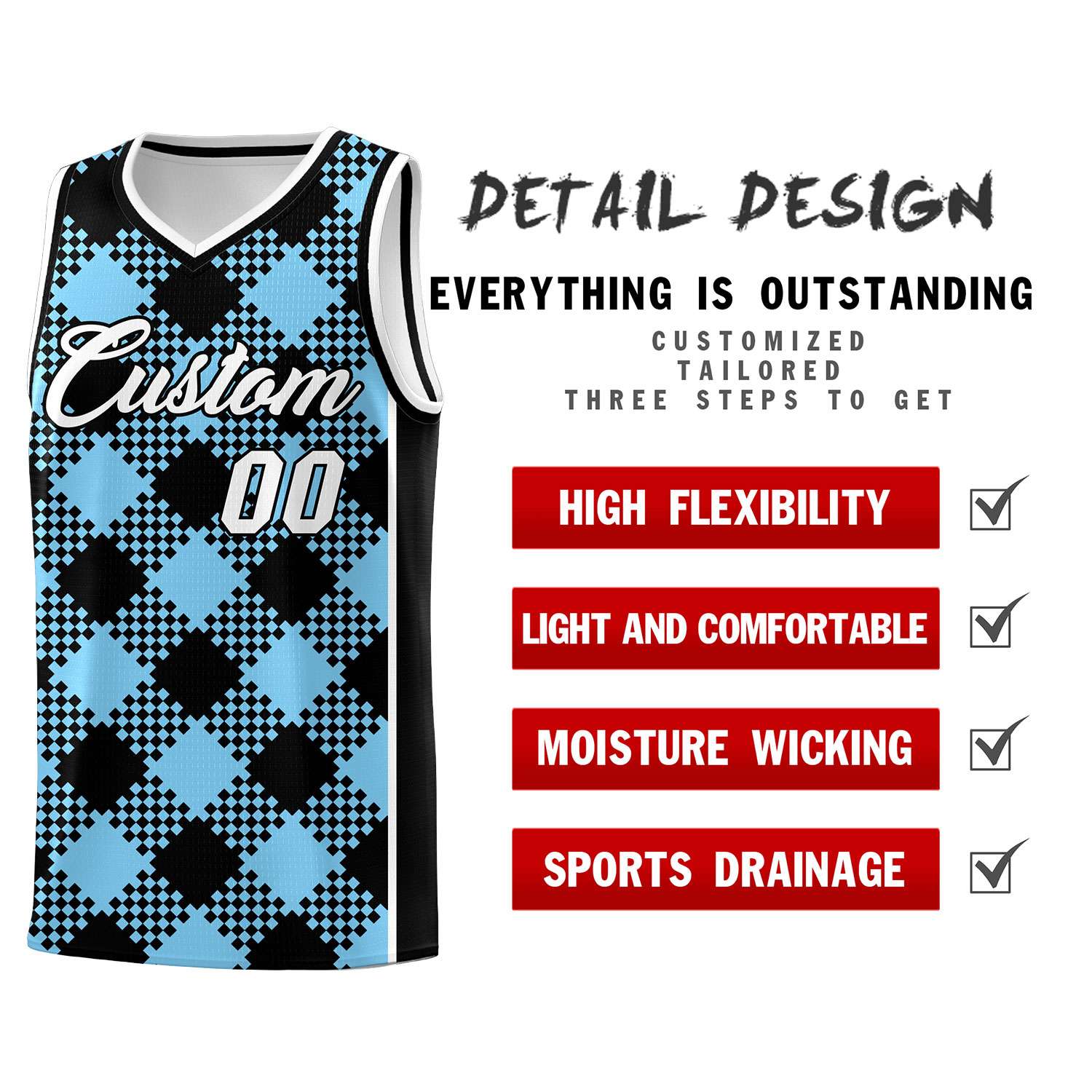 Personalized Light Blue White-Black Grid Basketball Kits