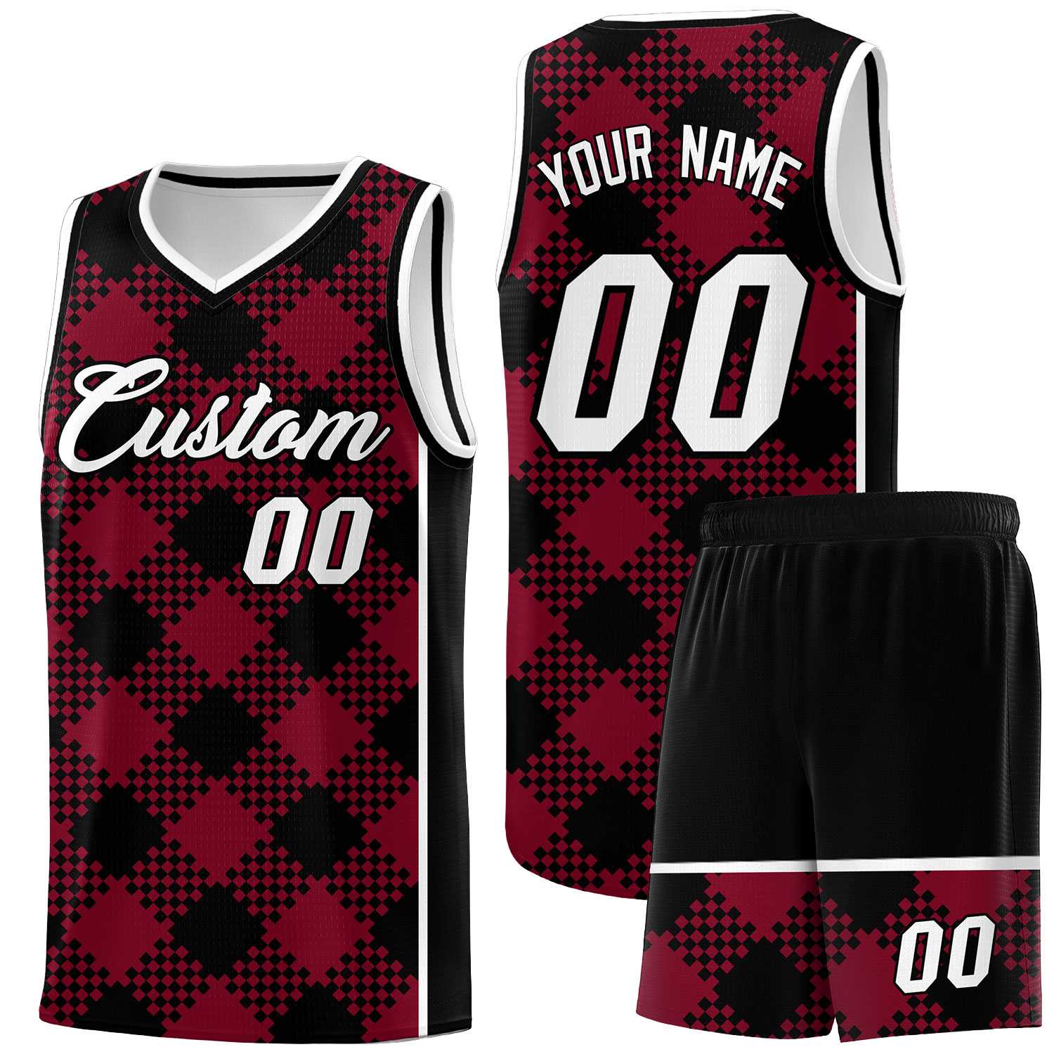Personalized Crimson Black-White Grid Basketball Kits