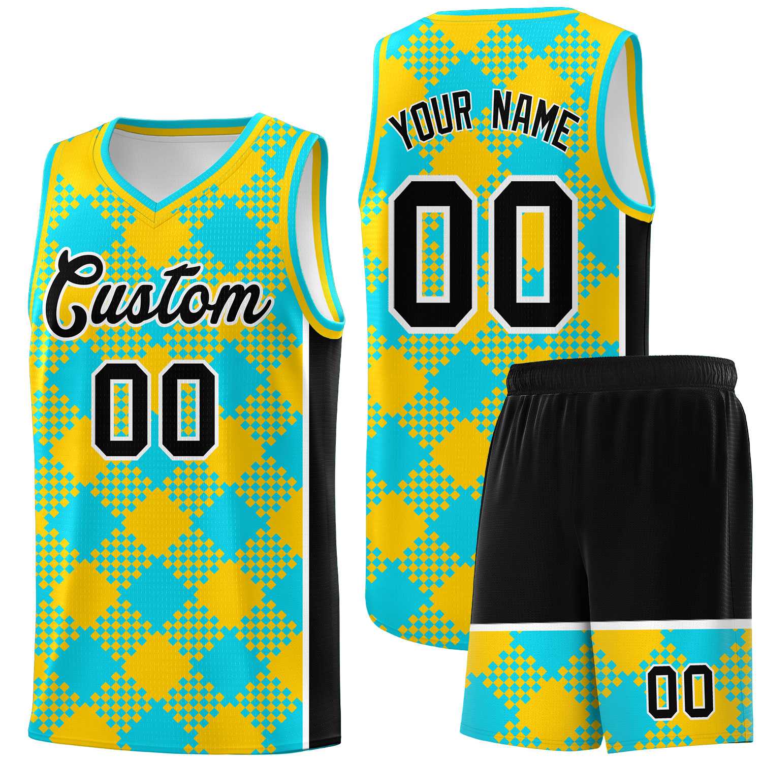 Personalized Sky Blue Gold-Black Grid Basketball Kits