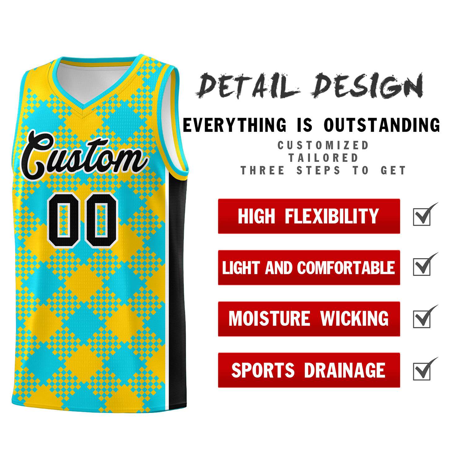 Personalized Sky Blue Gold-Black Grid Basketball Kits