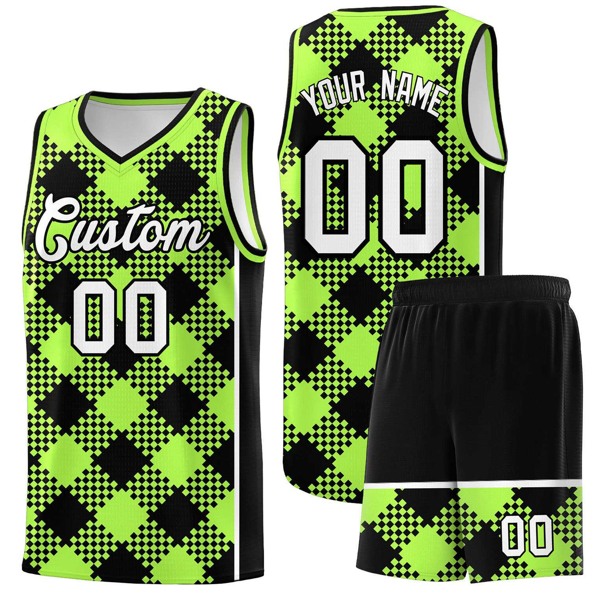 Personalized Fluorescent Green Black-White Grid Basketball Kits