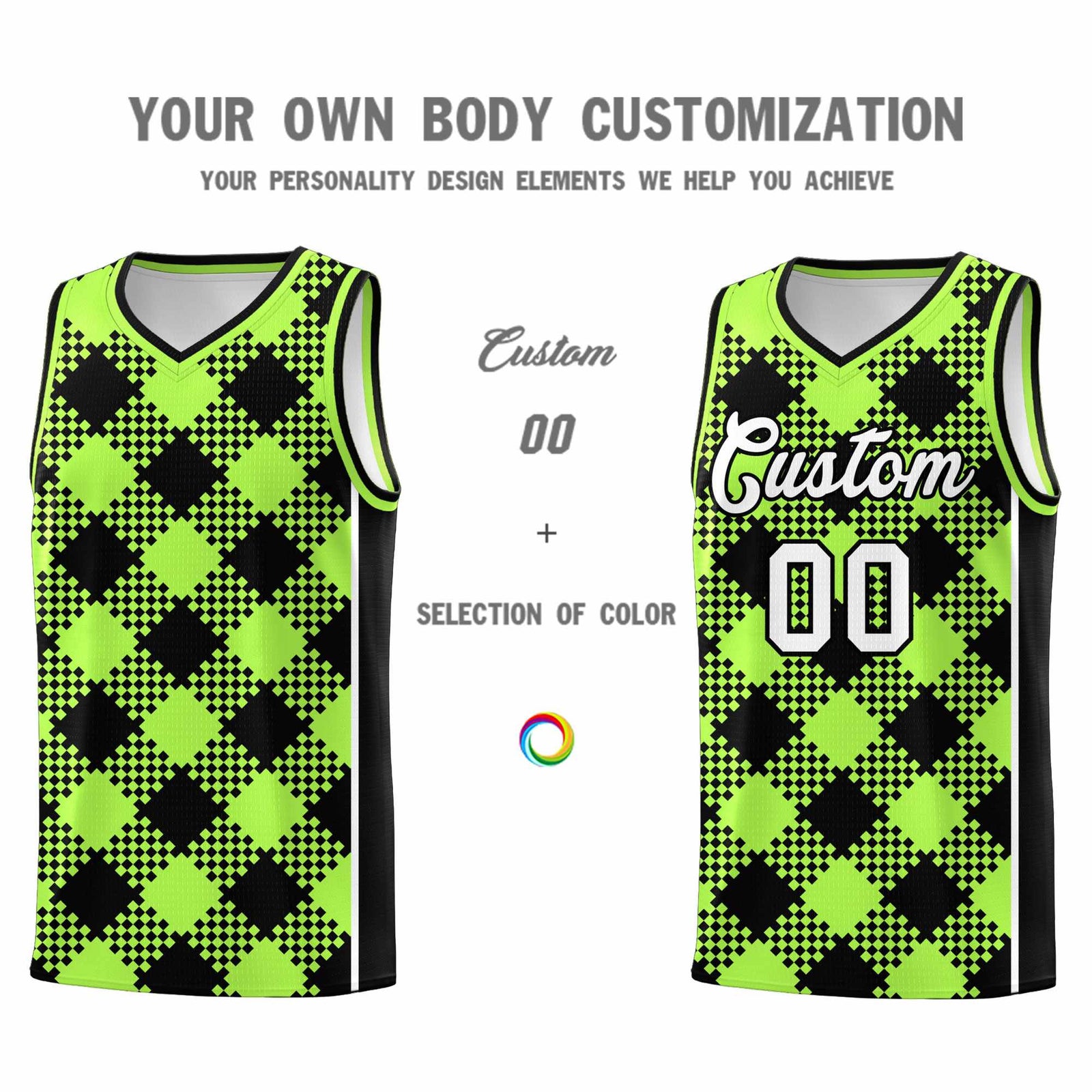 Personalized Fluorescent Green Black-White Grid Basketball Kits