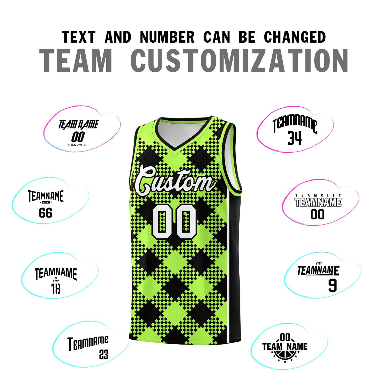 Personalized Fluorescent Green Black-White Grid Basketball Kits