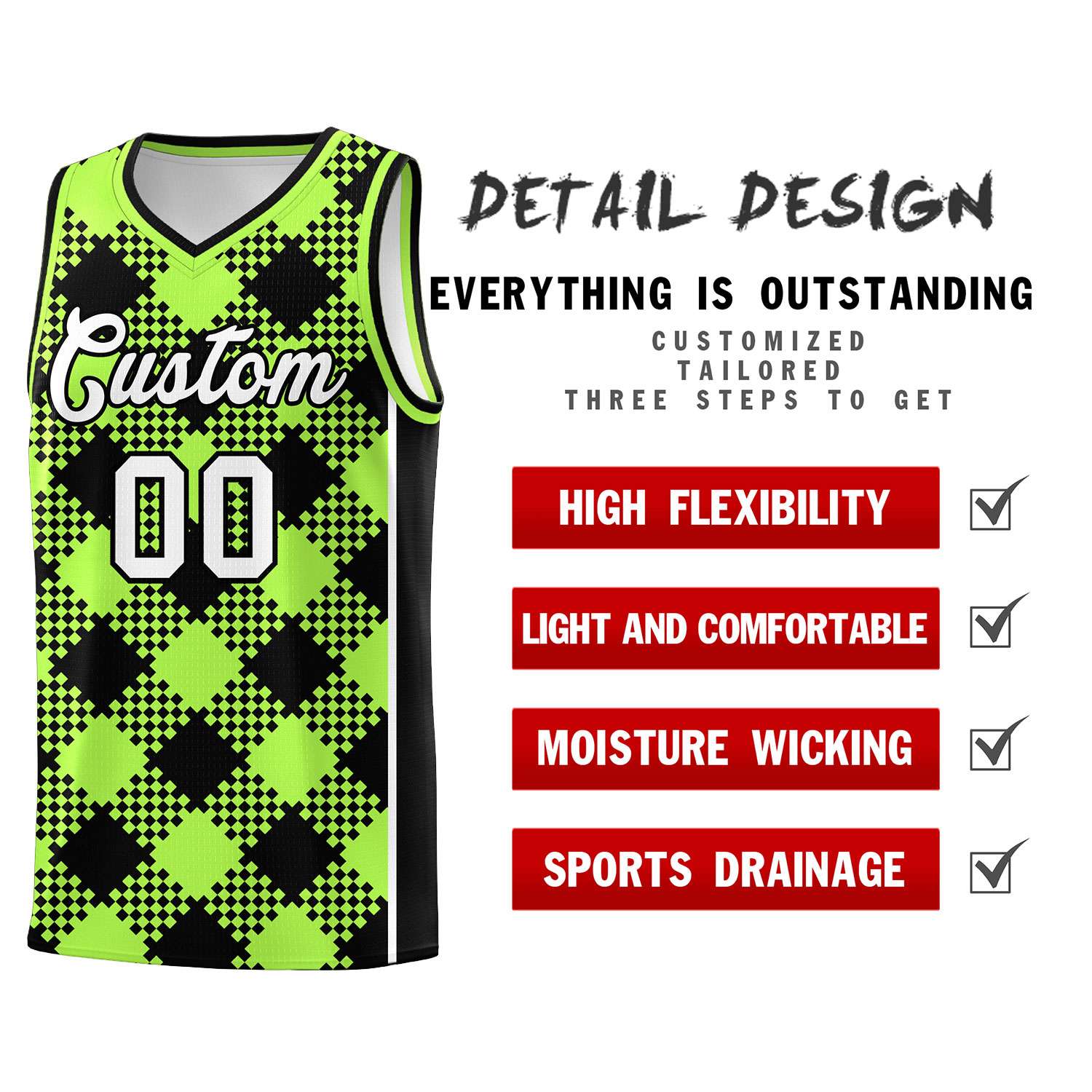 Personalized Fluorescent Green Black-White Grid Basketball Kits