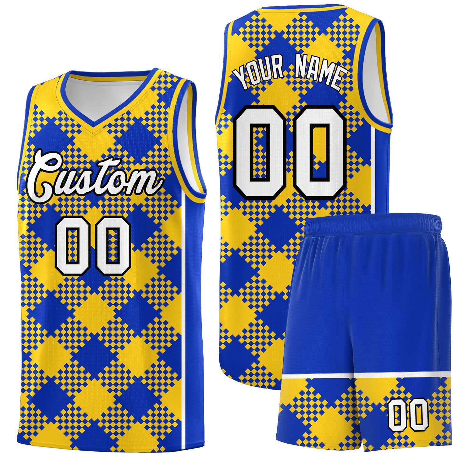 Personalized Royal Gold-White Grid Basketball Kits