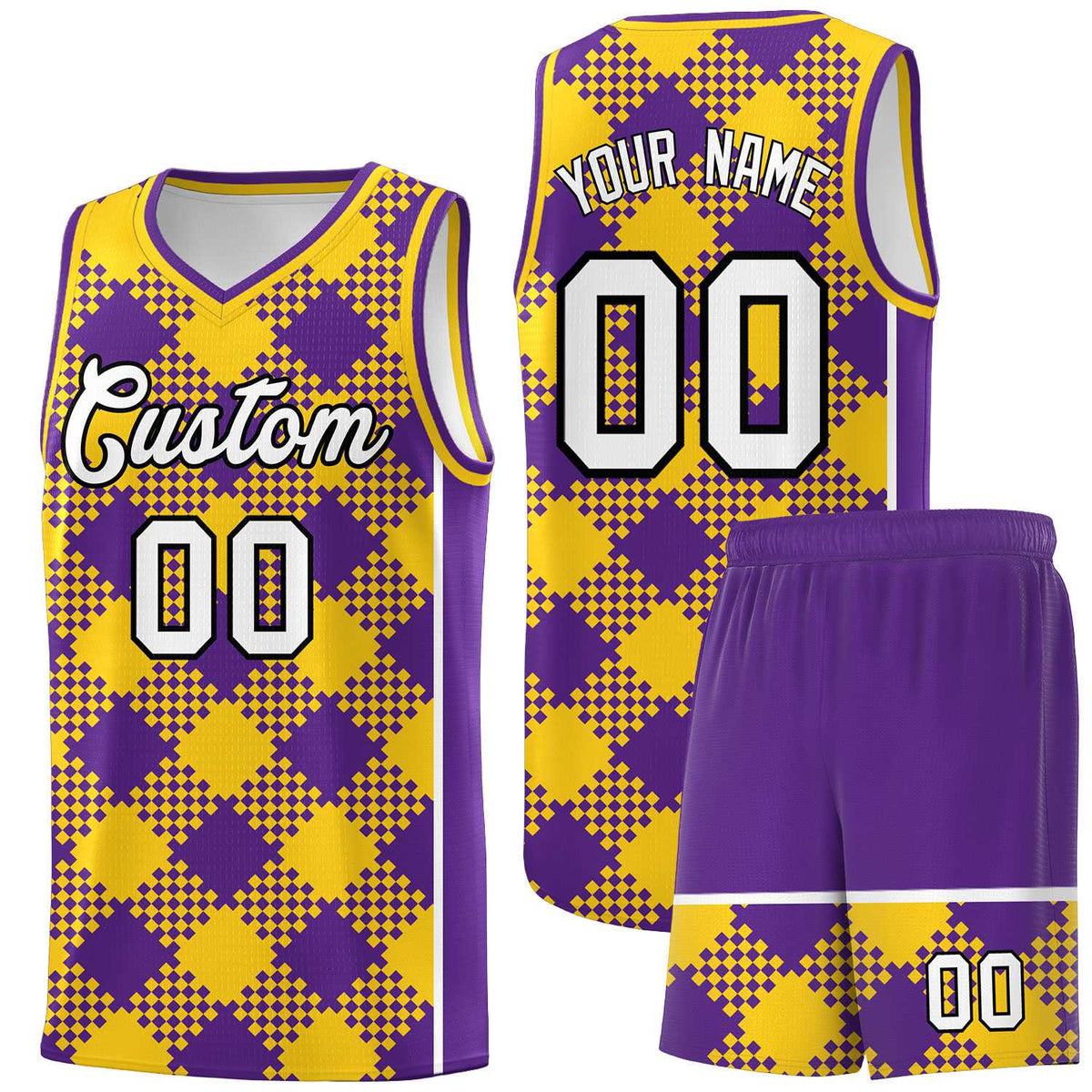 Personalized Purple Gold-White Grid Basketball Kits