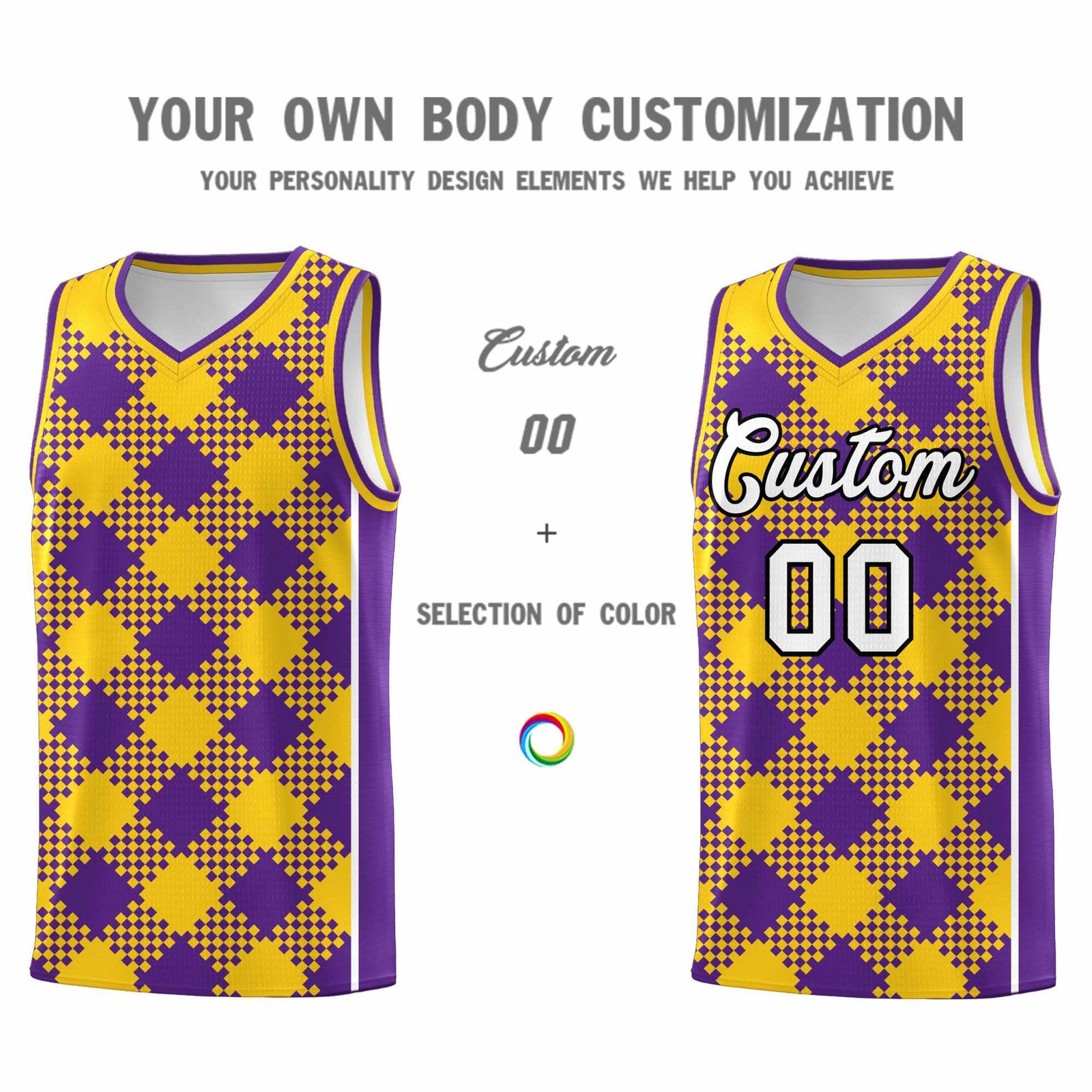 Personalized Purple Gold-White Grid Basketball Kits