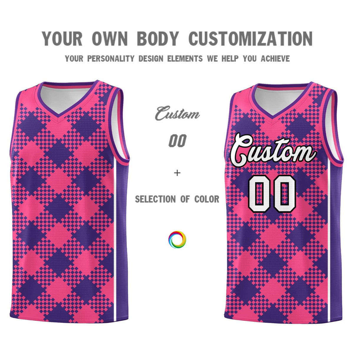 Personalized Purple Pink-White Grid Basketball Kits