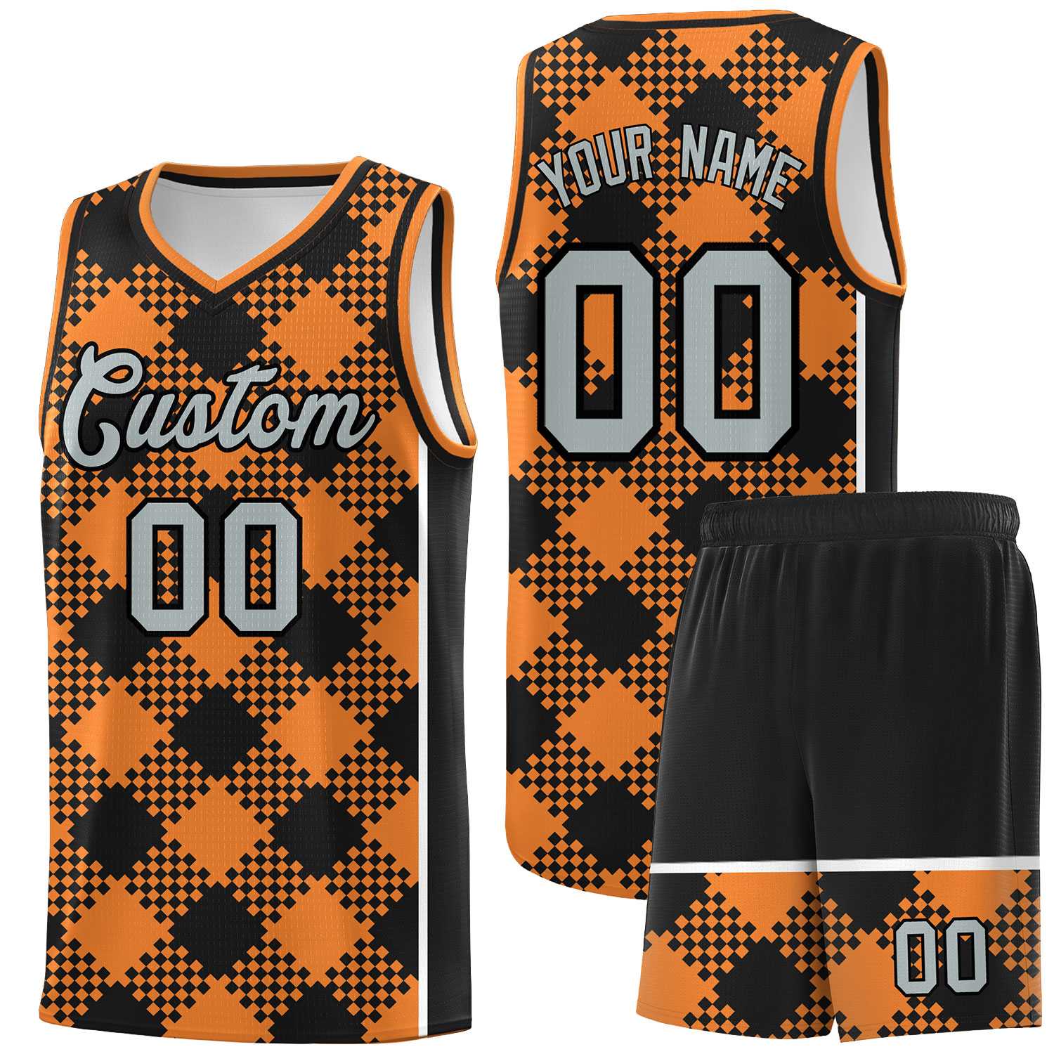 Personalized Gold Orange Black-White Grid Basketball Kits