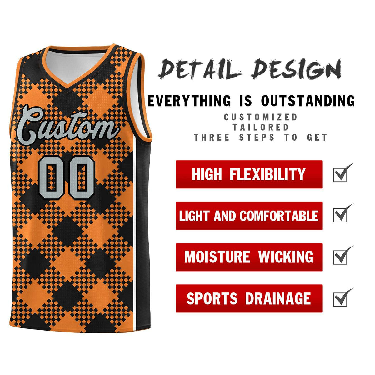 Personalized Gold Orange Black-White Grid Basketball Kits