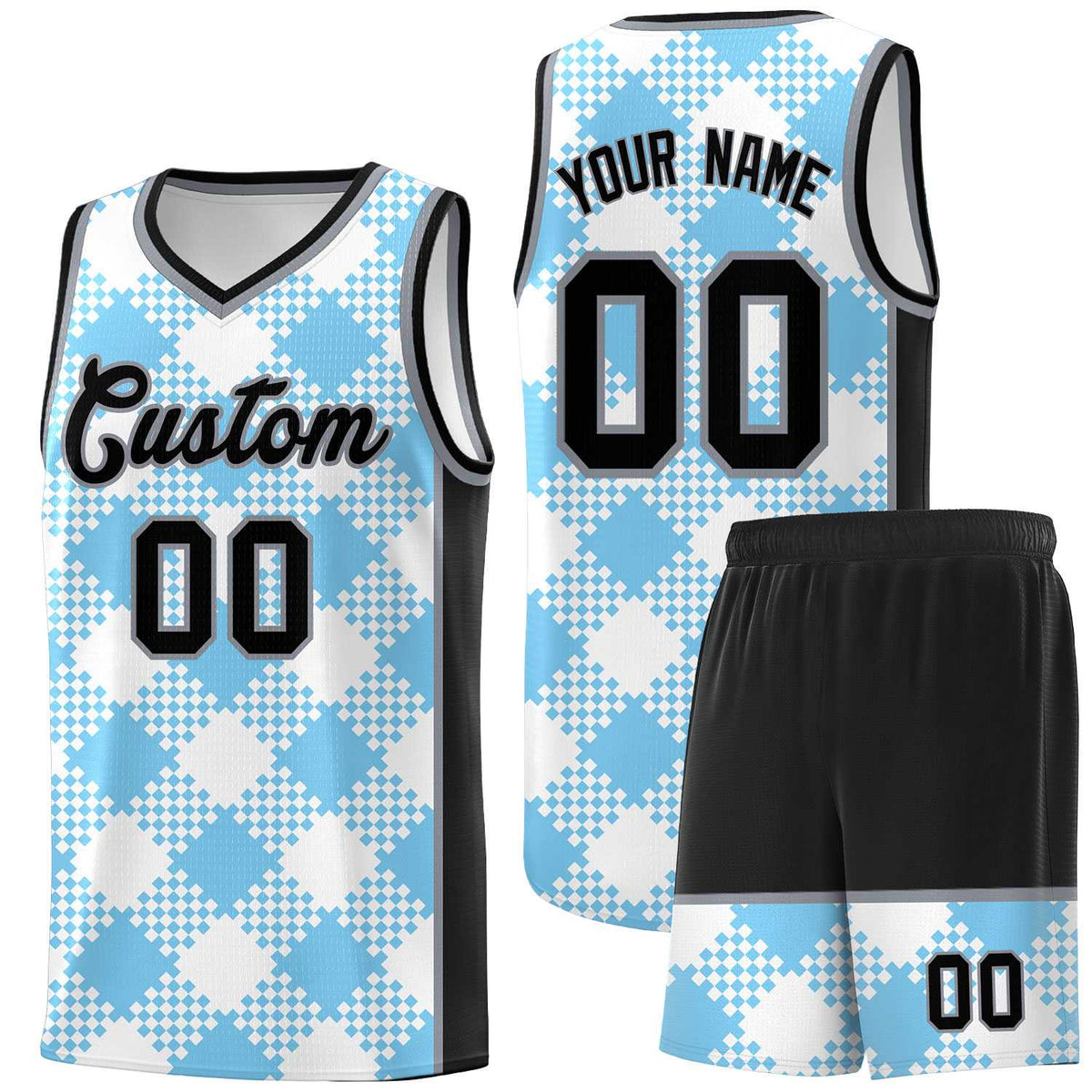 Personalized Light Blue White-Black Grid Basketball Kits