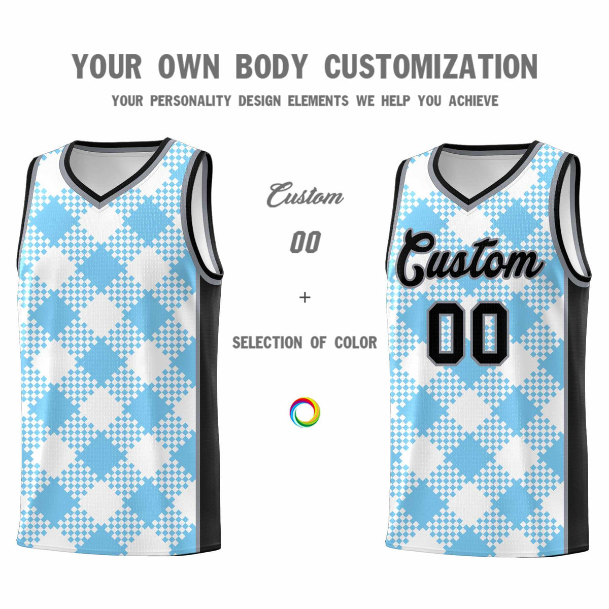 Personalized Light Blue White-Black Grid Basketball Kits