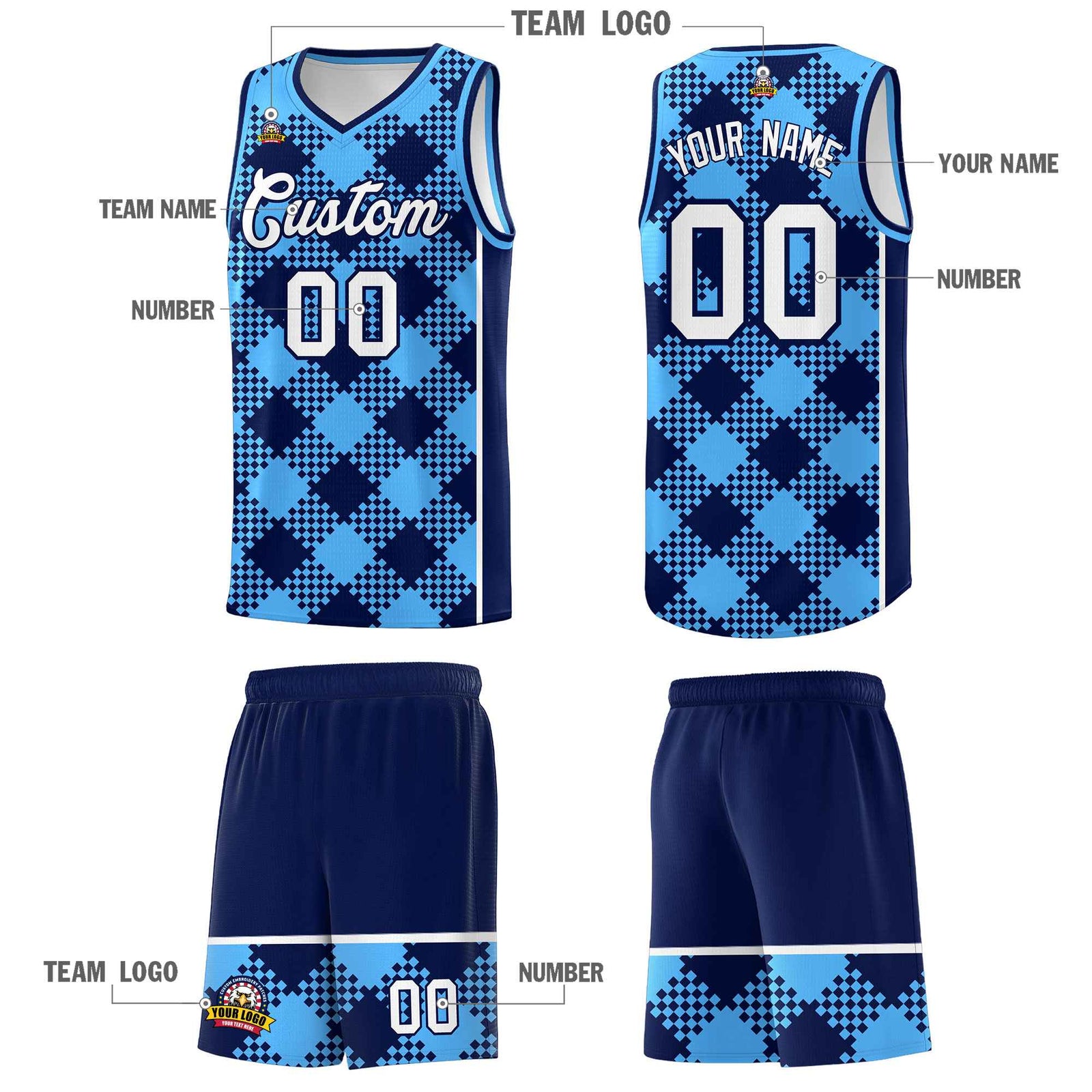 Personalized Powder Blue Navy-White Grid Basketball Kits