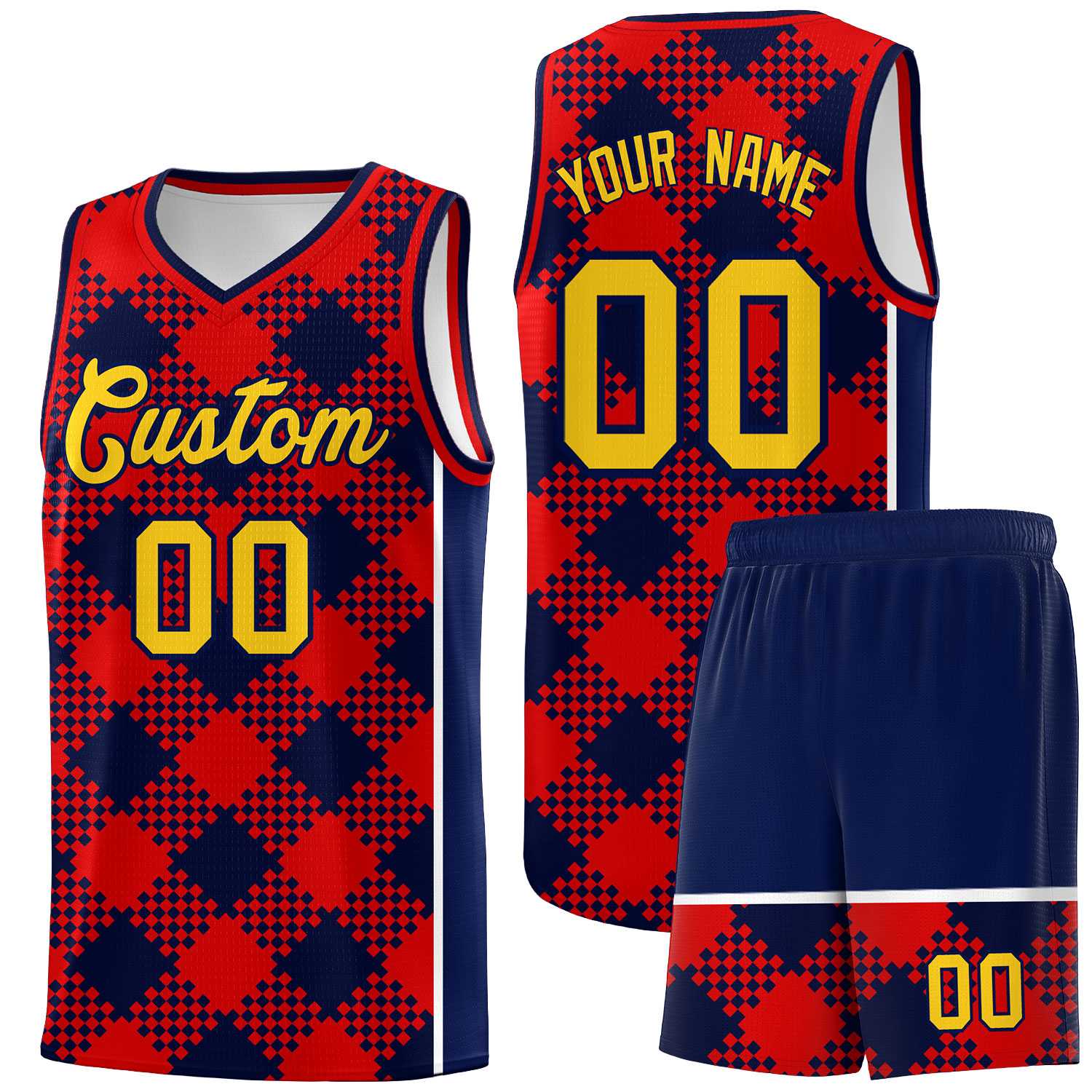 Personalized Navy Red-White Grid Basketball Kits