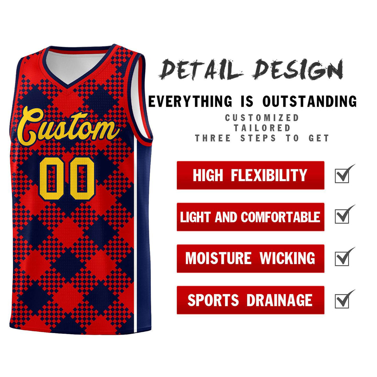 Personalized Navy Red-White Grid Basketball Kits