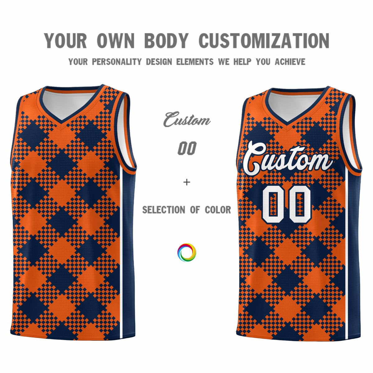Personalized Navy Orange-White Grid Basketball Kits