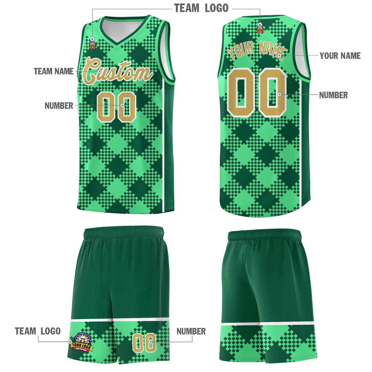 Personalized Green Kelly Green-White Grid Basketball Kits