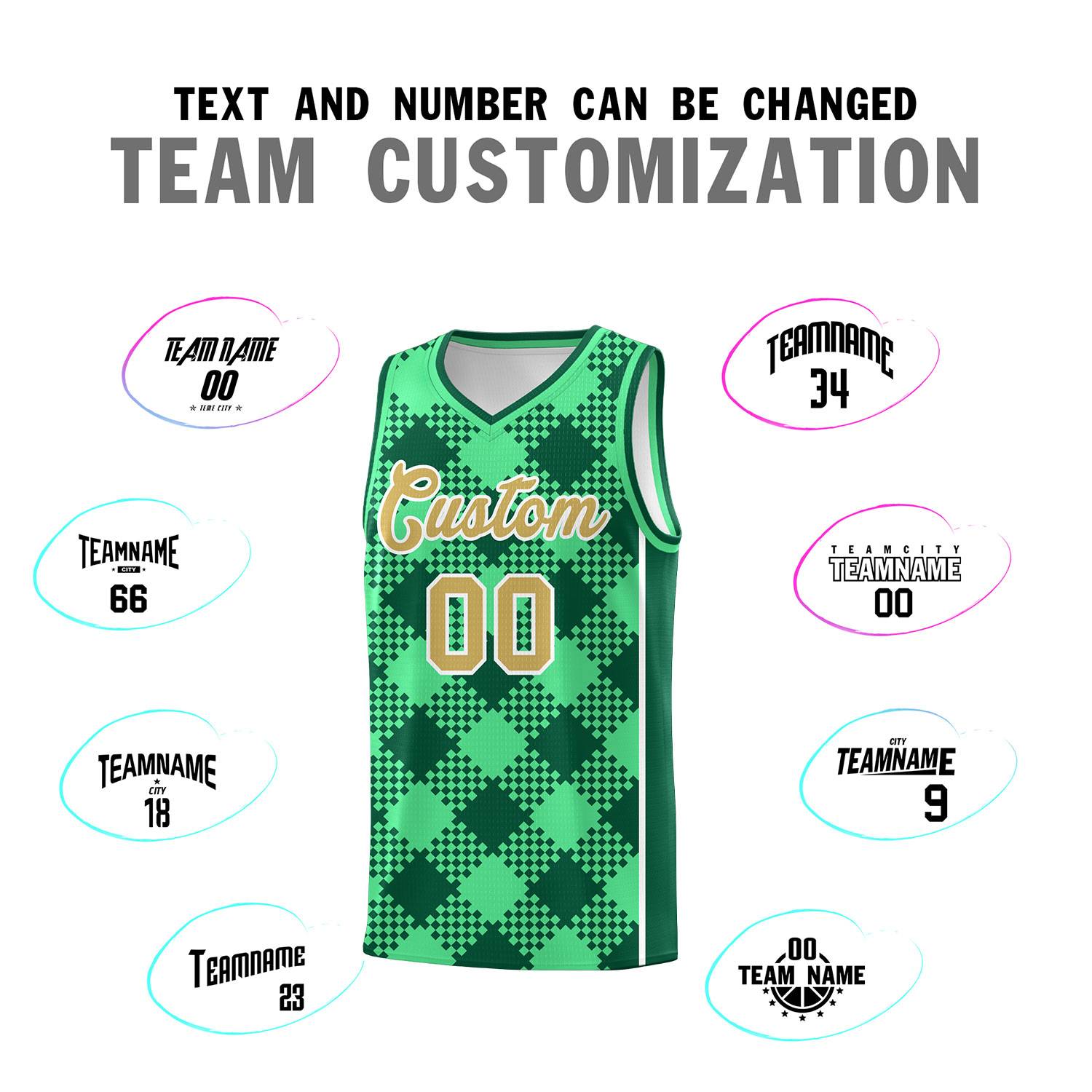 Personalized Green Kelly Green-White Grid Basketball Kits