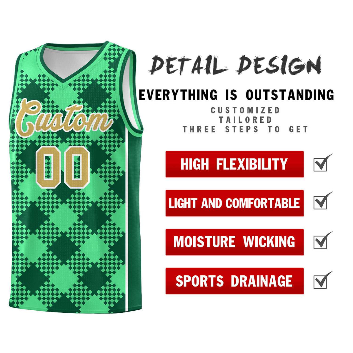 Personalized Green Kelly Green-White Grid Basketball Kits