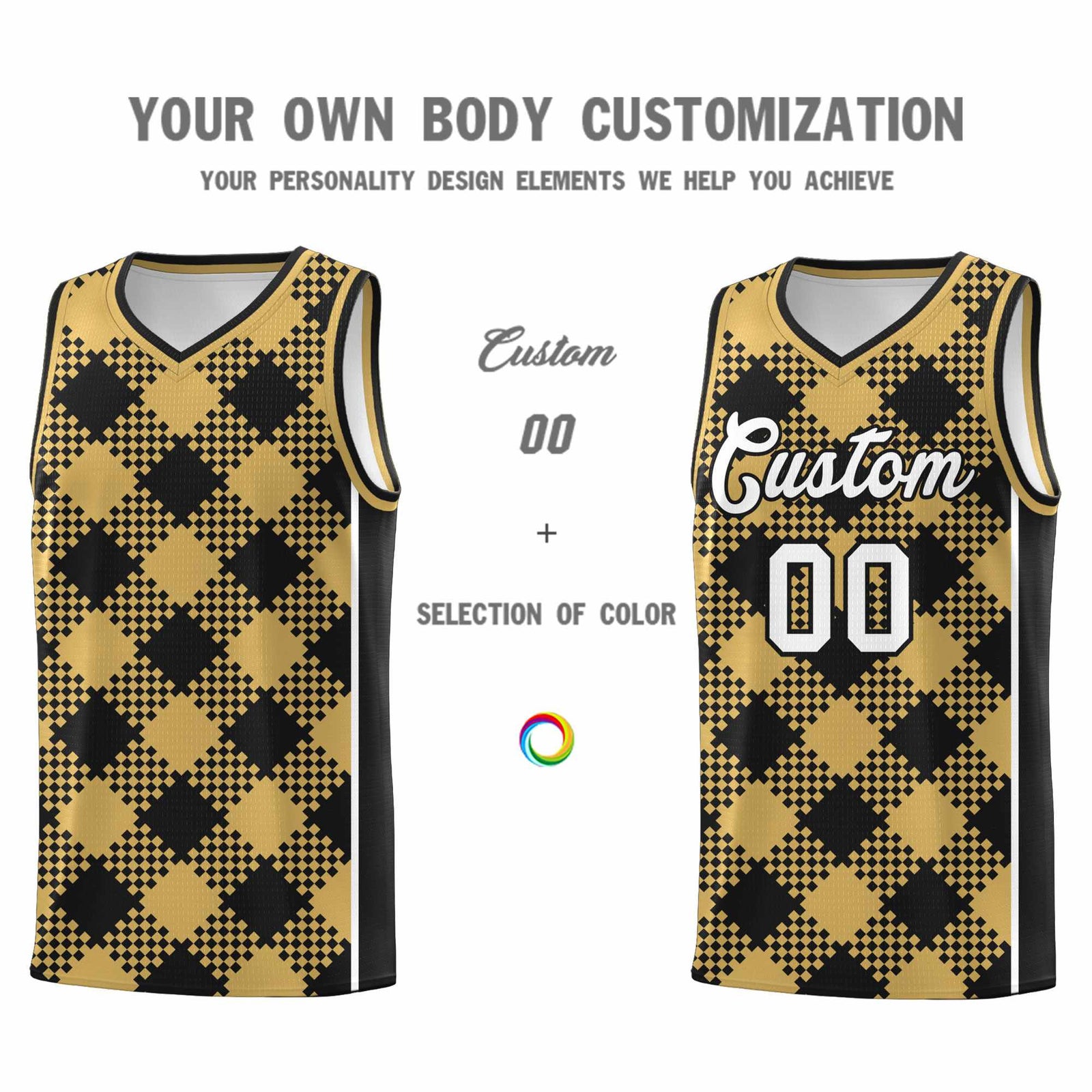 Personalized Old Gold Black-White Grid Basketball Kits