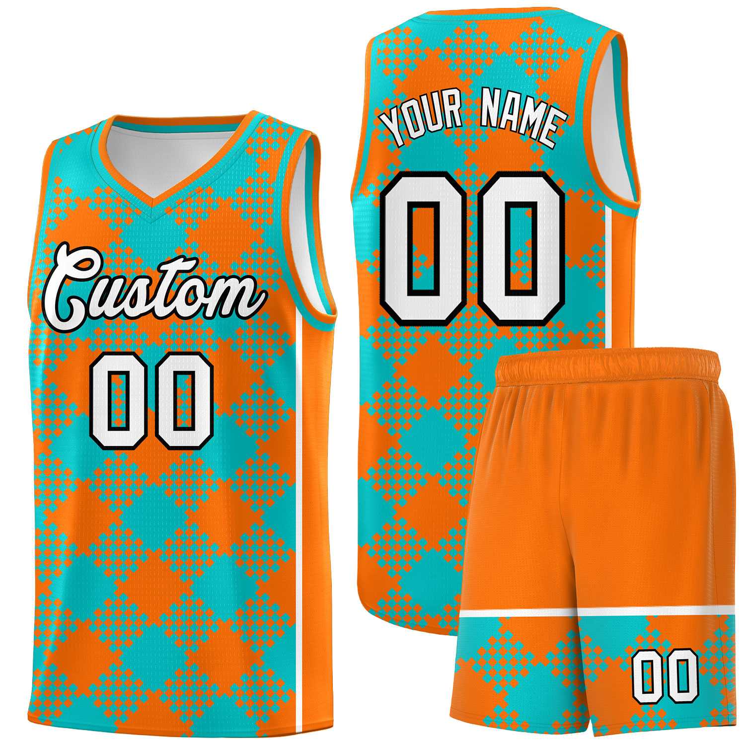 Personalized Aqua Orange-White Grid Basketball Kits
