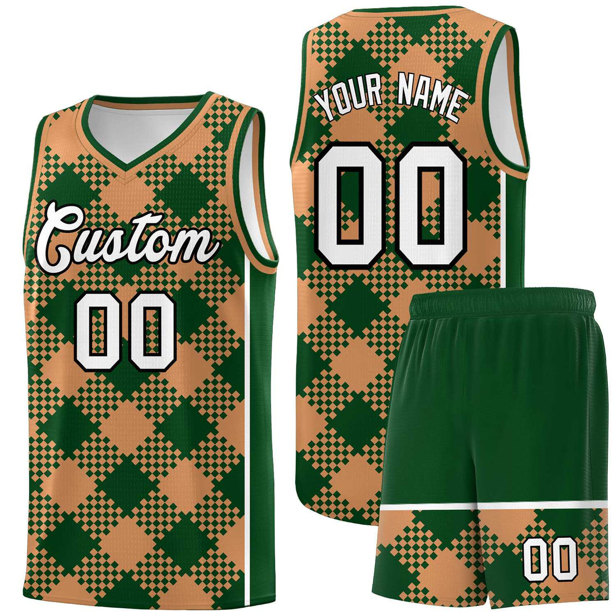 Personalized Green Buckskin Brown-White Grid Basketball Kits