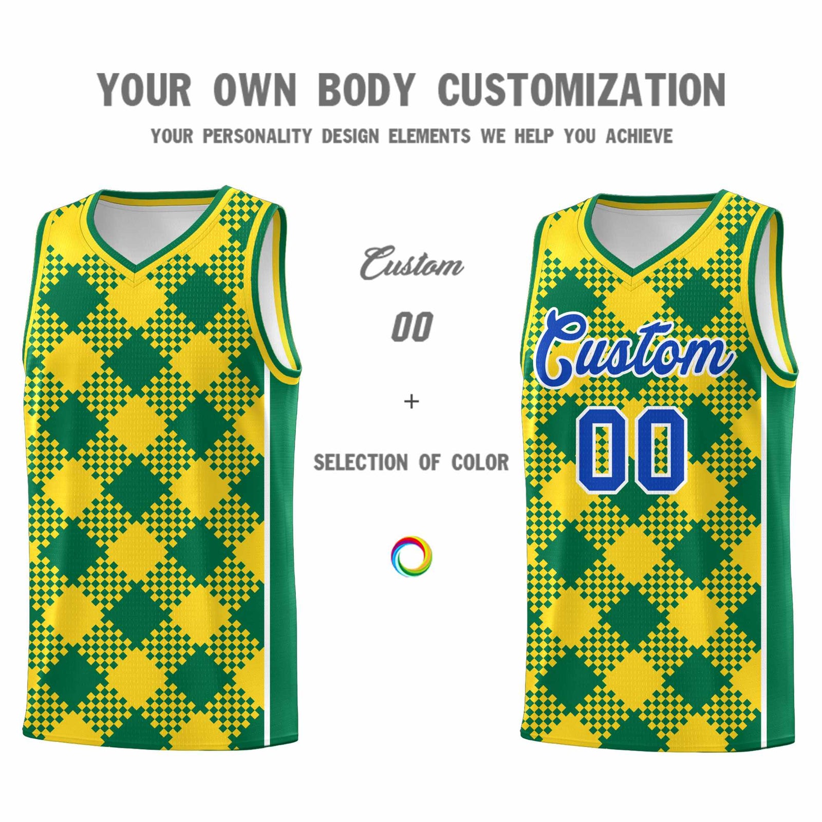 Personalized Gold Kelly Green-White Grid Basketball Kits