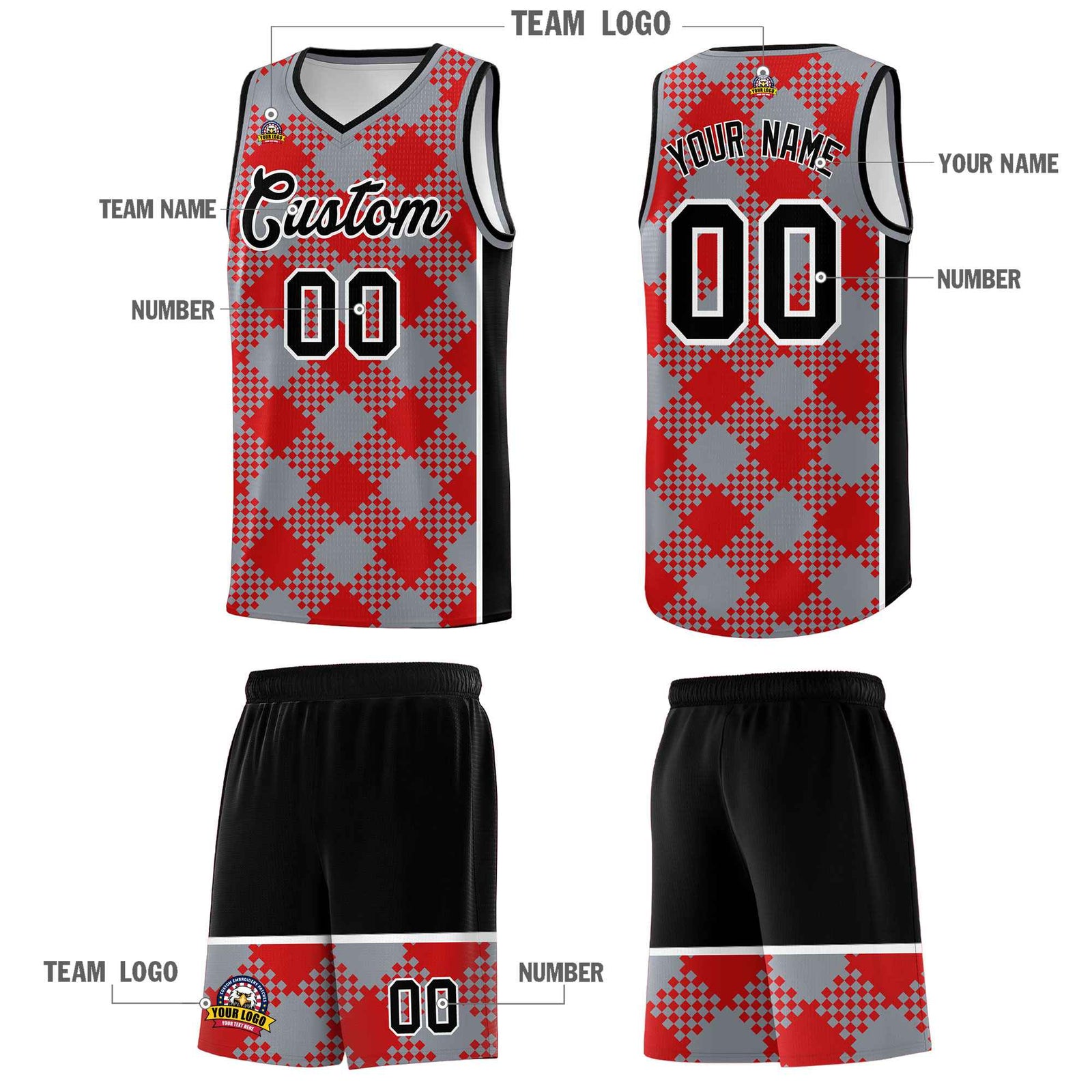 Personalized Gray Red-White Grid Basketball Kits