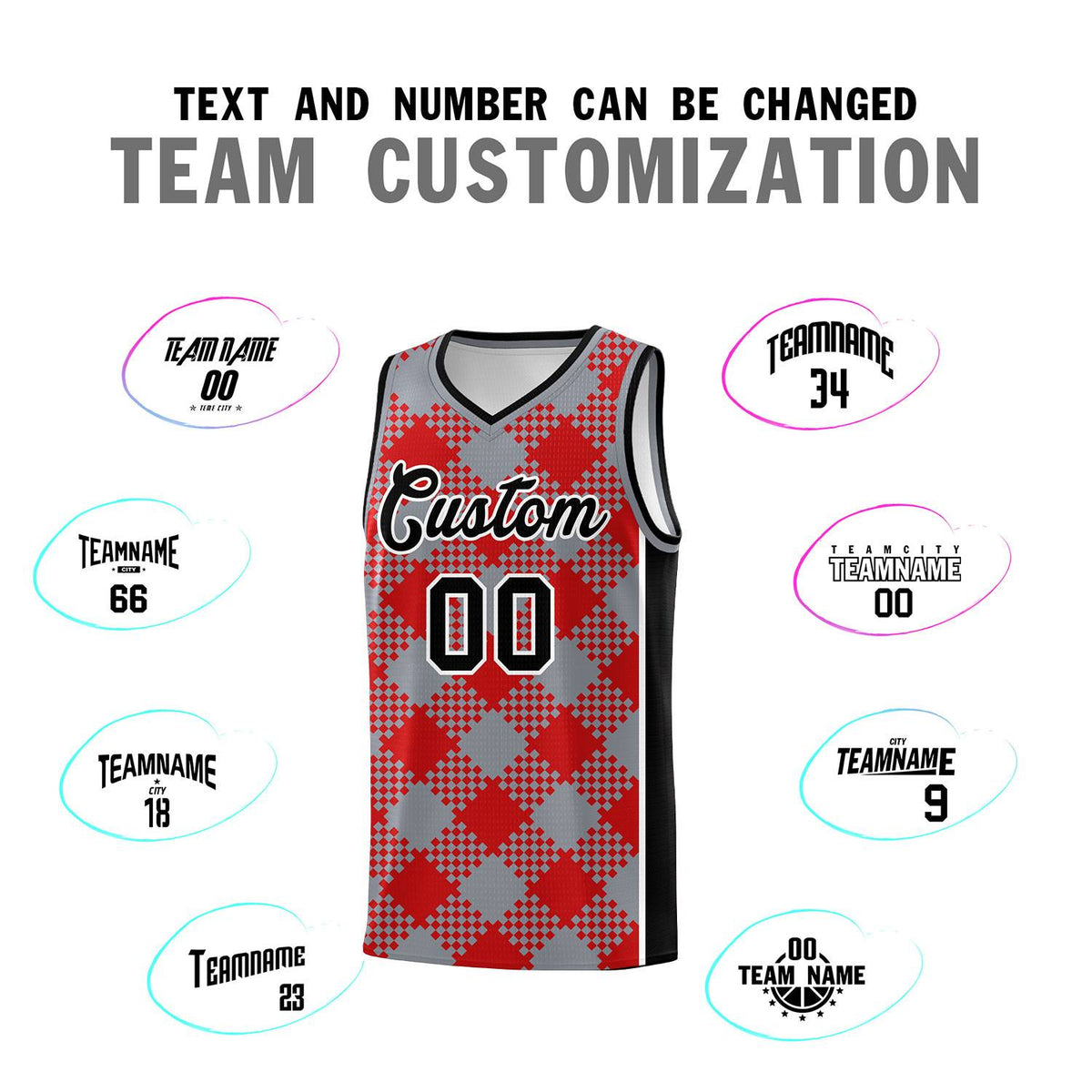 Personalized Gray Red-White Grid Basketball Kits