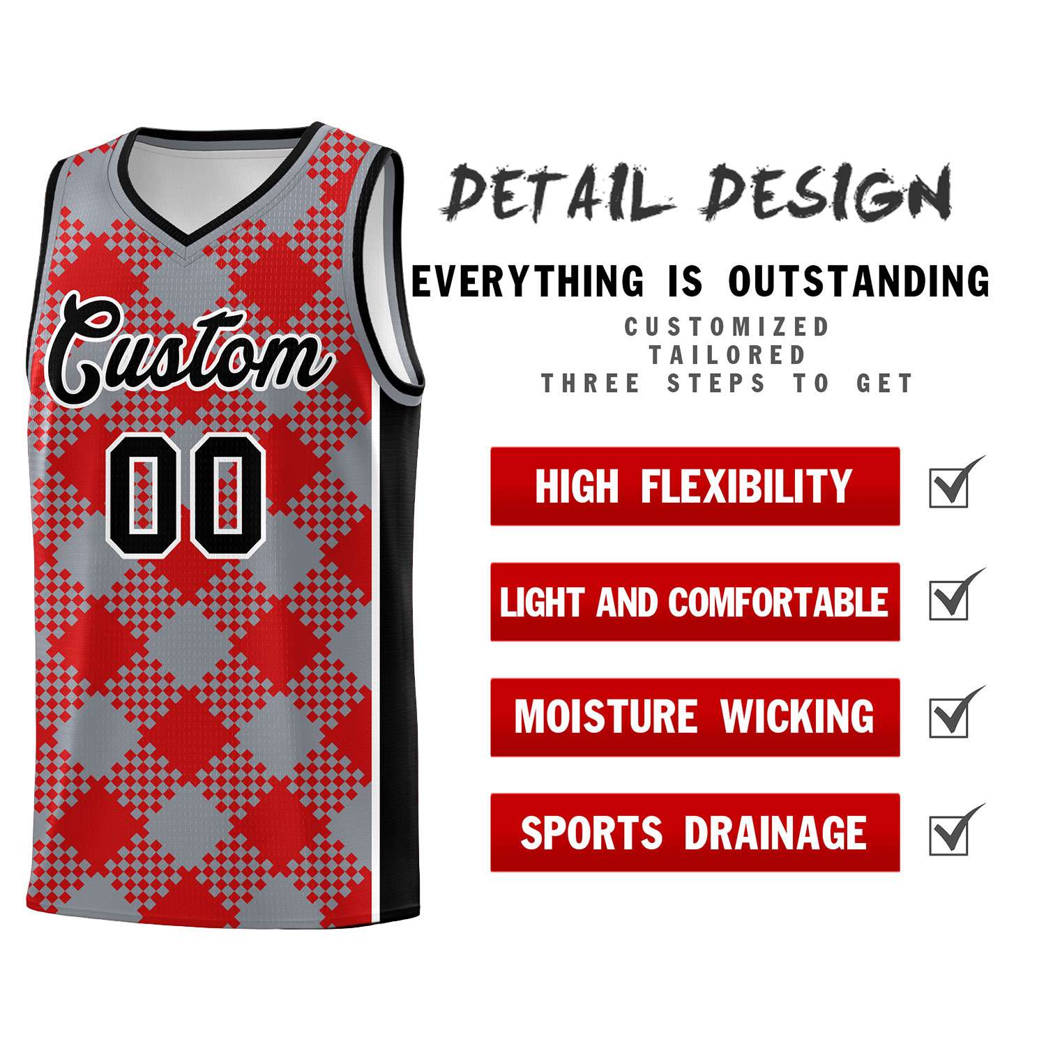 Personalized Gray Red-White Grid Basketball Kits