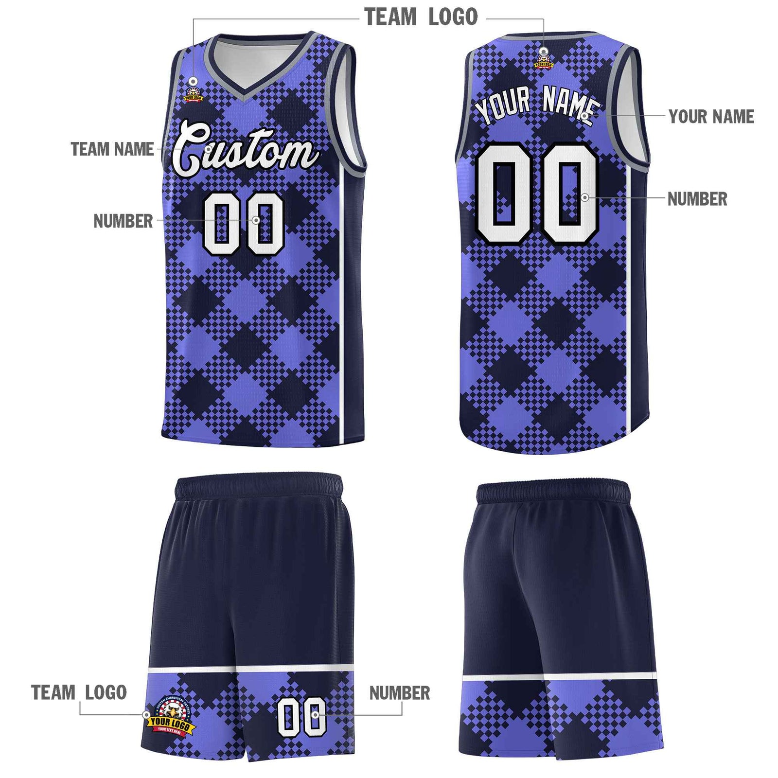 Personalized Purple Navy-White Grid Basketball Kits