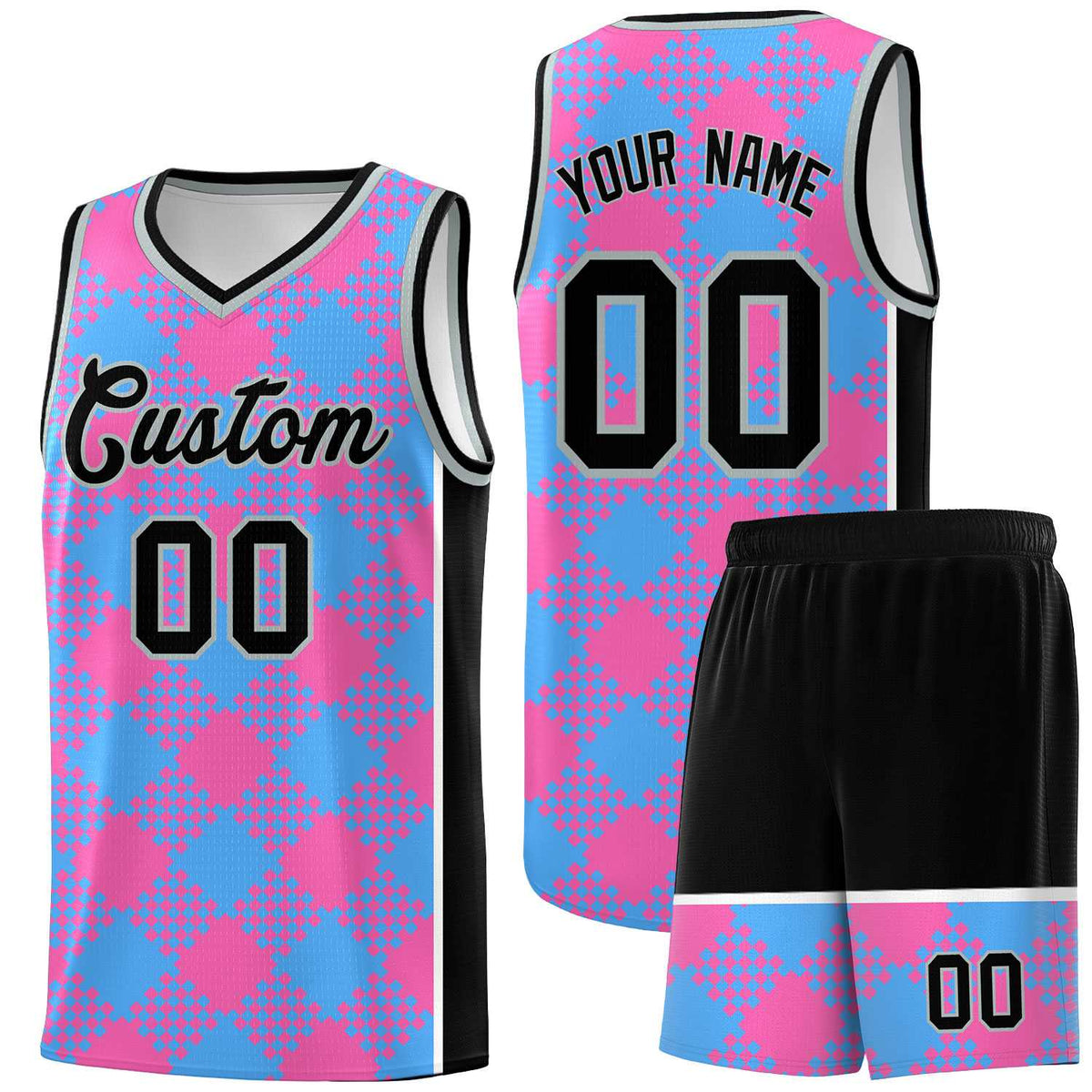 Personalized Powder Blue Pink-White Grid Basketball Kits