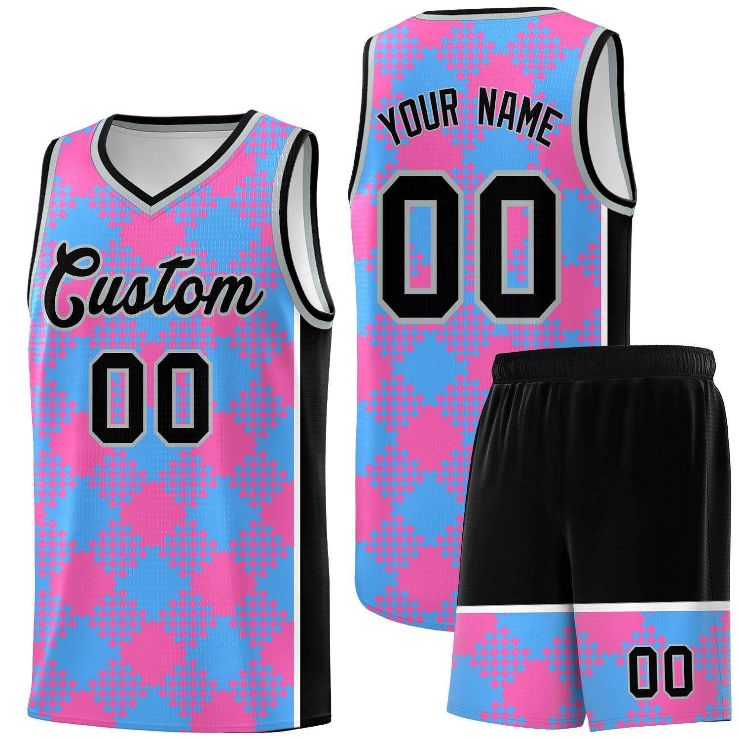 Personalized Powder Blue Pink-White Grid Basketball Kits