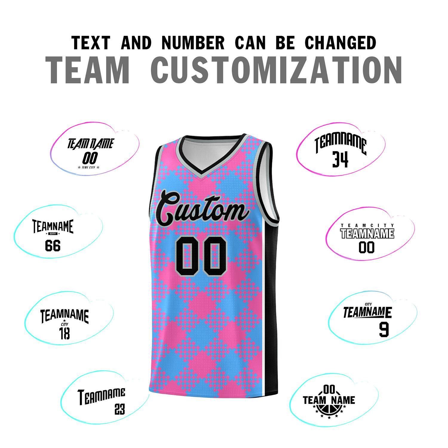 Personalized Powder Blue Pink-White Grid Basketball Kits