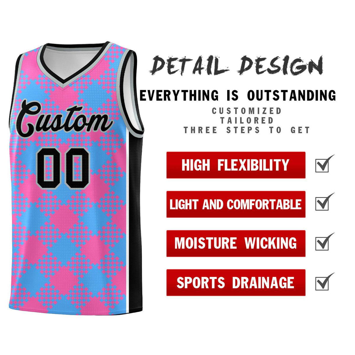 Personalized Powder Blue Pink-White Grid Basketball Kits