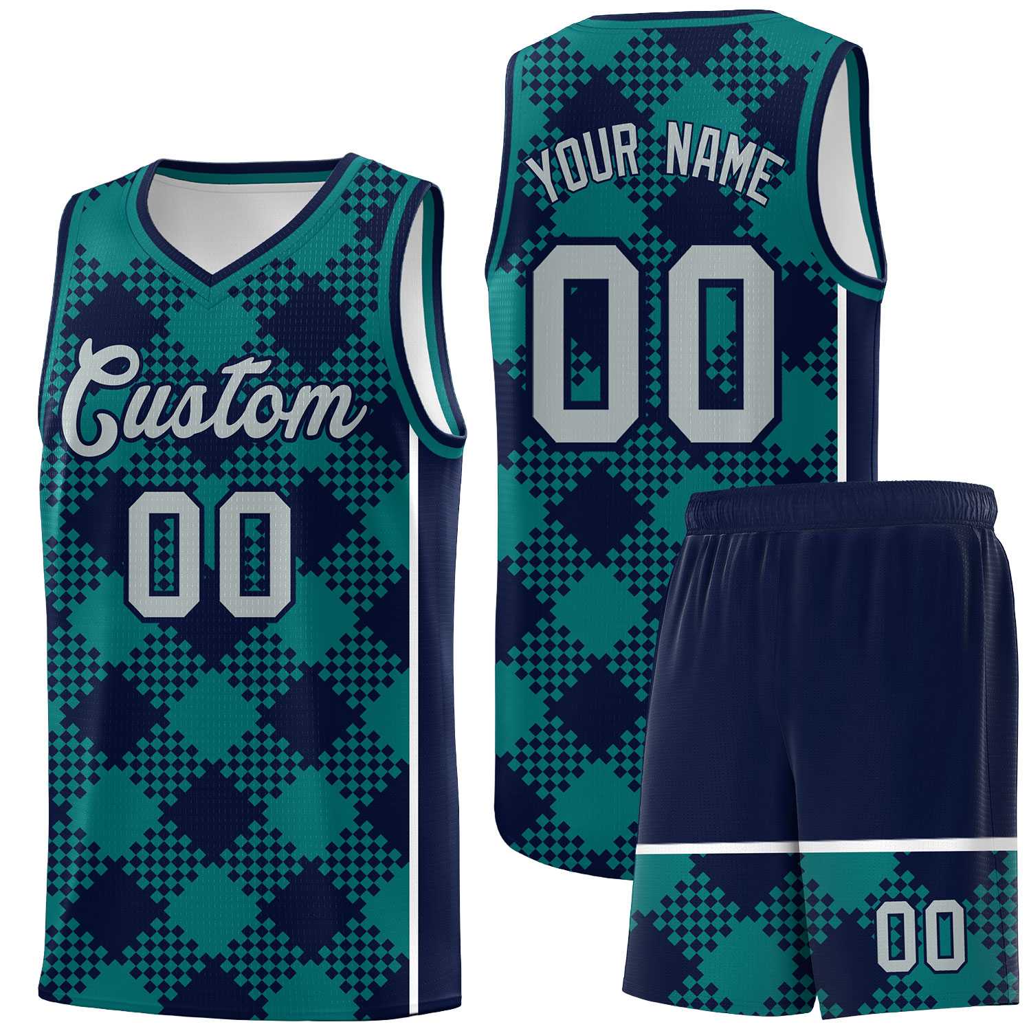 Personalized Teal Navy-White Grid Basketball Kits