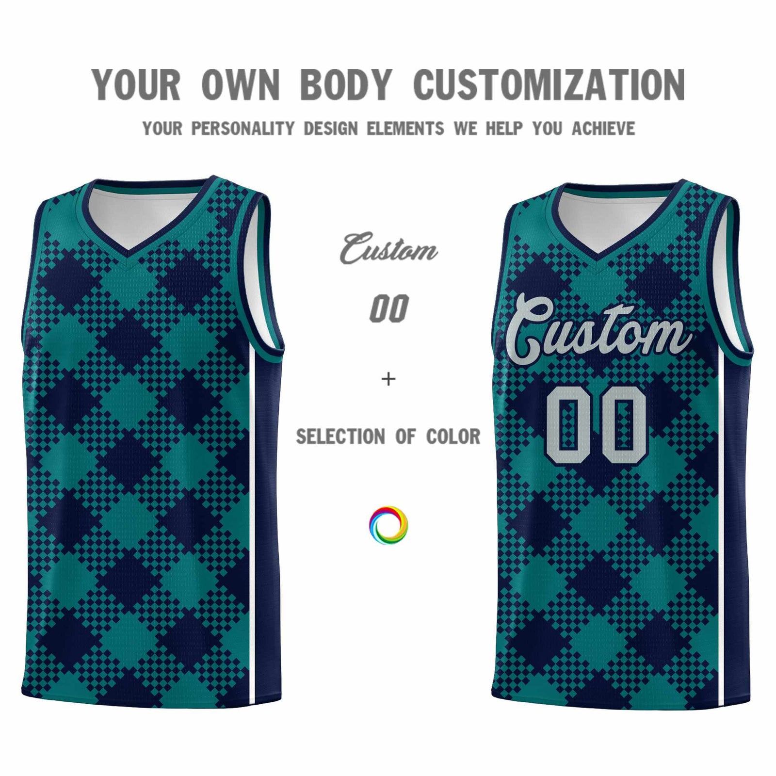 Personalized Teal Navy-White Grid Basketball Kits
