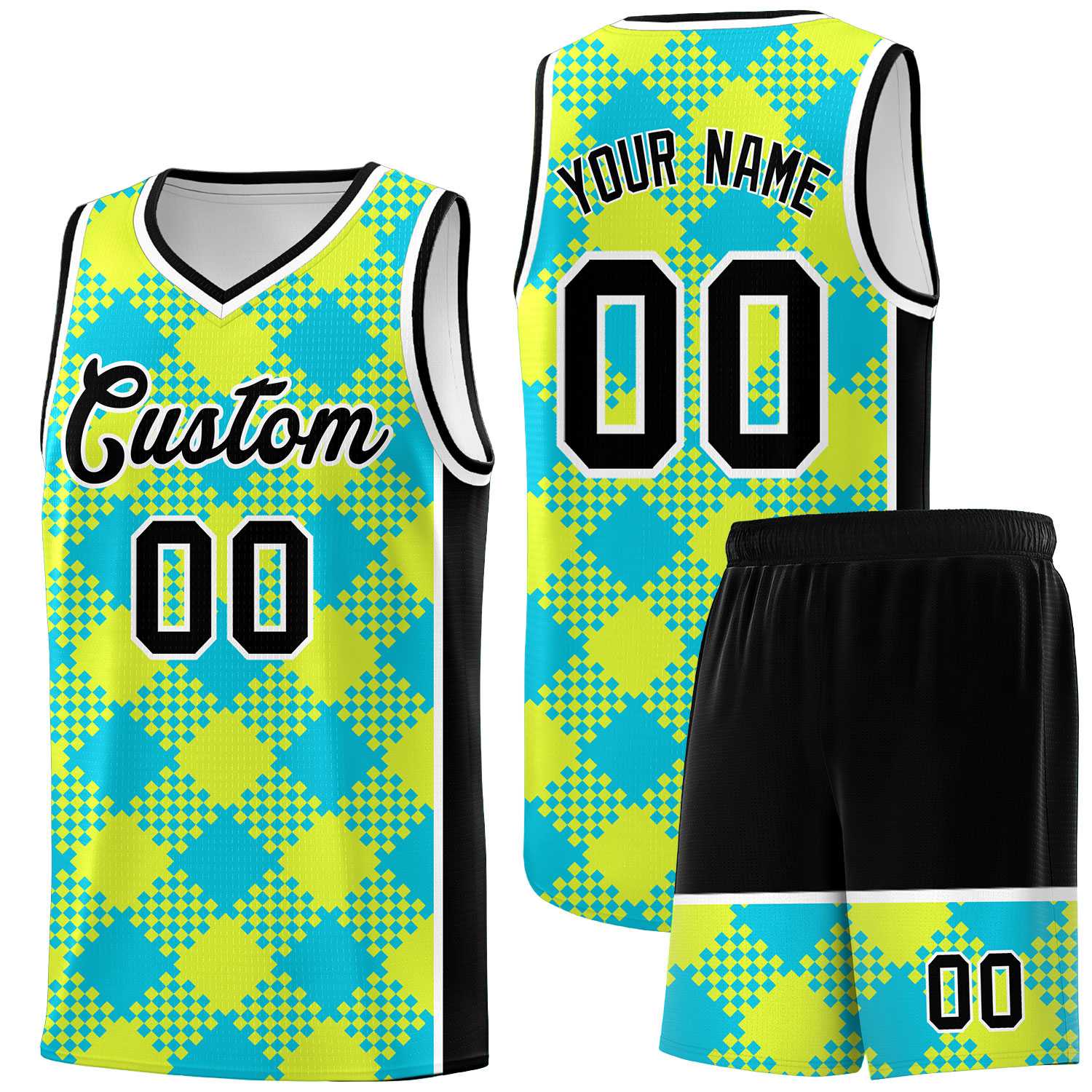 Personalized Sky Blue Fluorescent Green-White Grid Basketball Kits