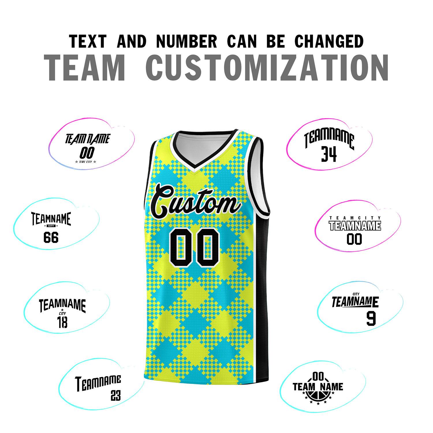 Personalized Sky Blue Fluorescent Green-White Grid Basketball Kits