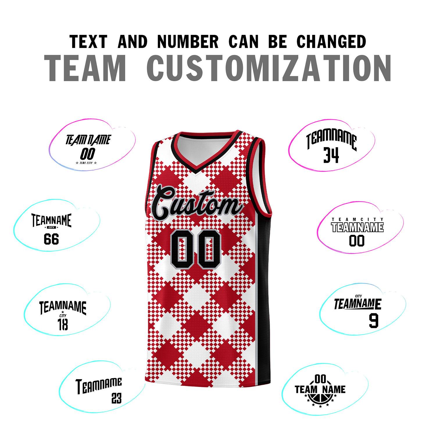 Personalized White Red-Gray Grid Basketball Kits