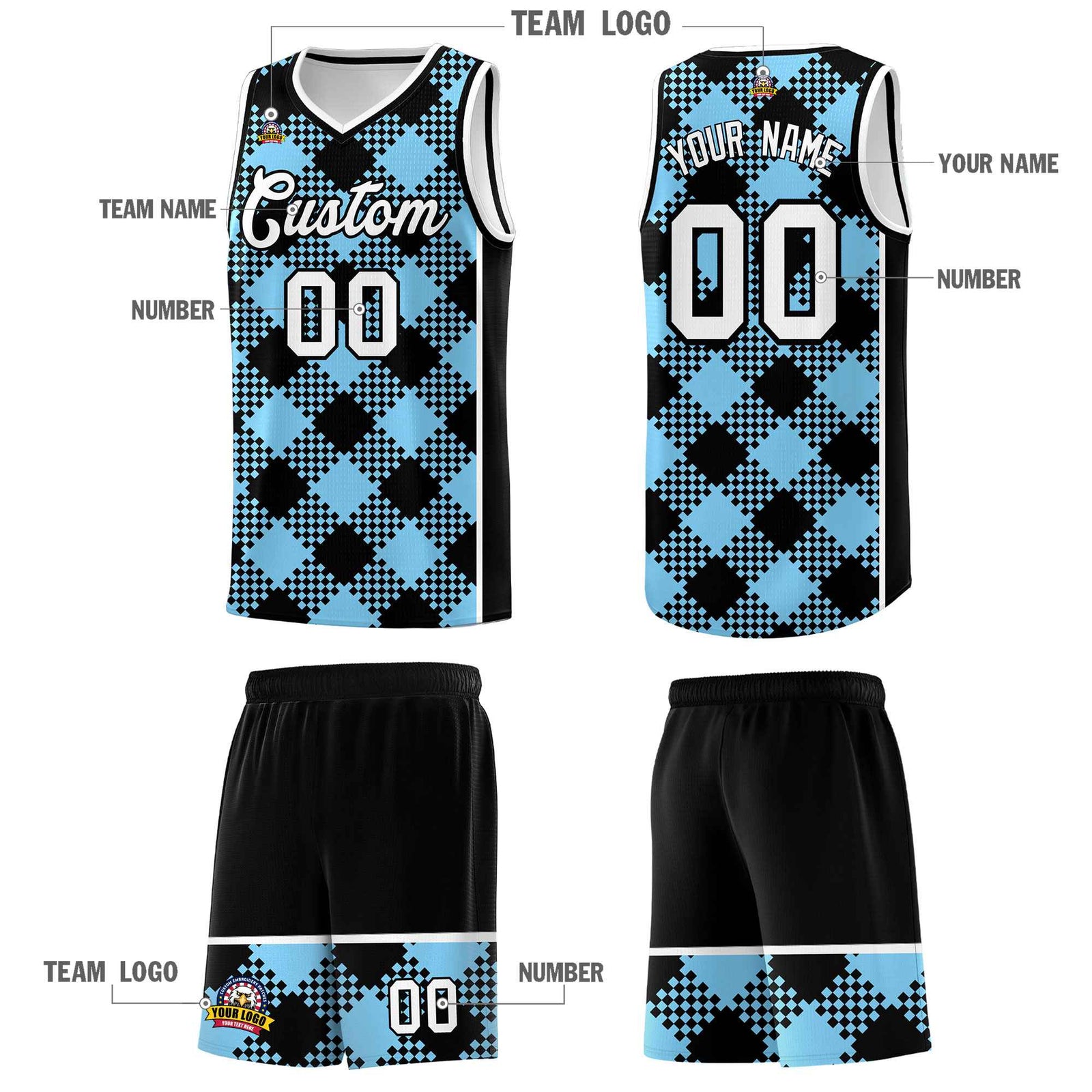 Personalized Light Blue White-Black Grid Basketball Kits