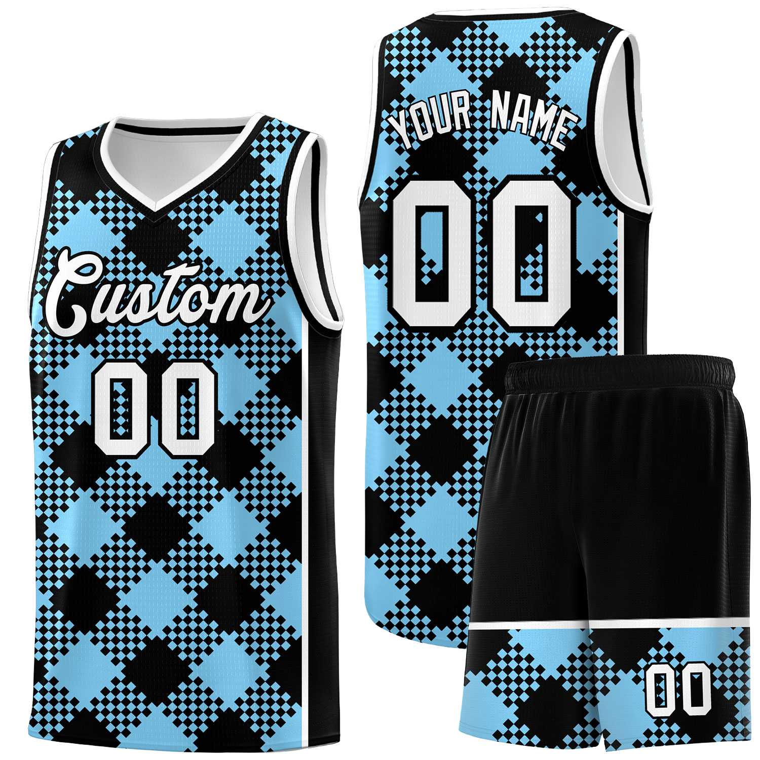 Personalized Light Blue White-Black Grid Basketball Kits
