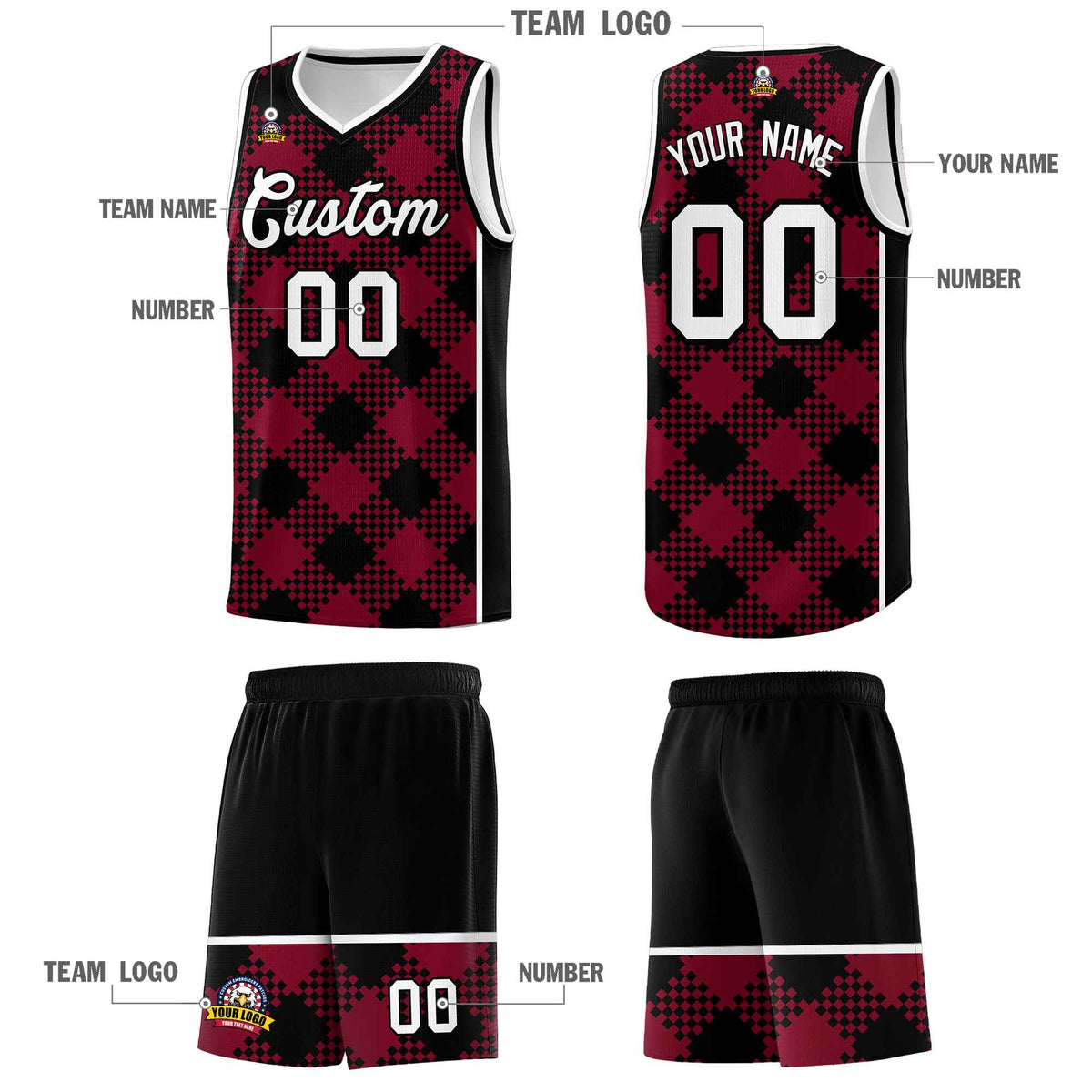 Personalized Crimson Black-White Grid Basketball Kits
