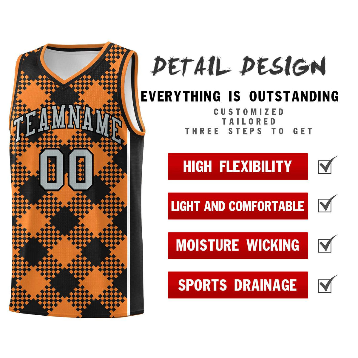 Personalized Gold Orange Black-White Grid Basketball Kits