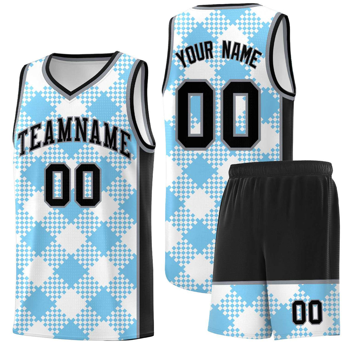 Personalized Light Blue White-Black Grid Basketball Kits